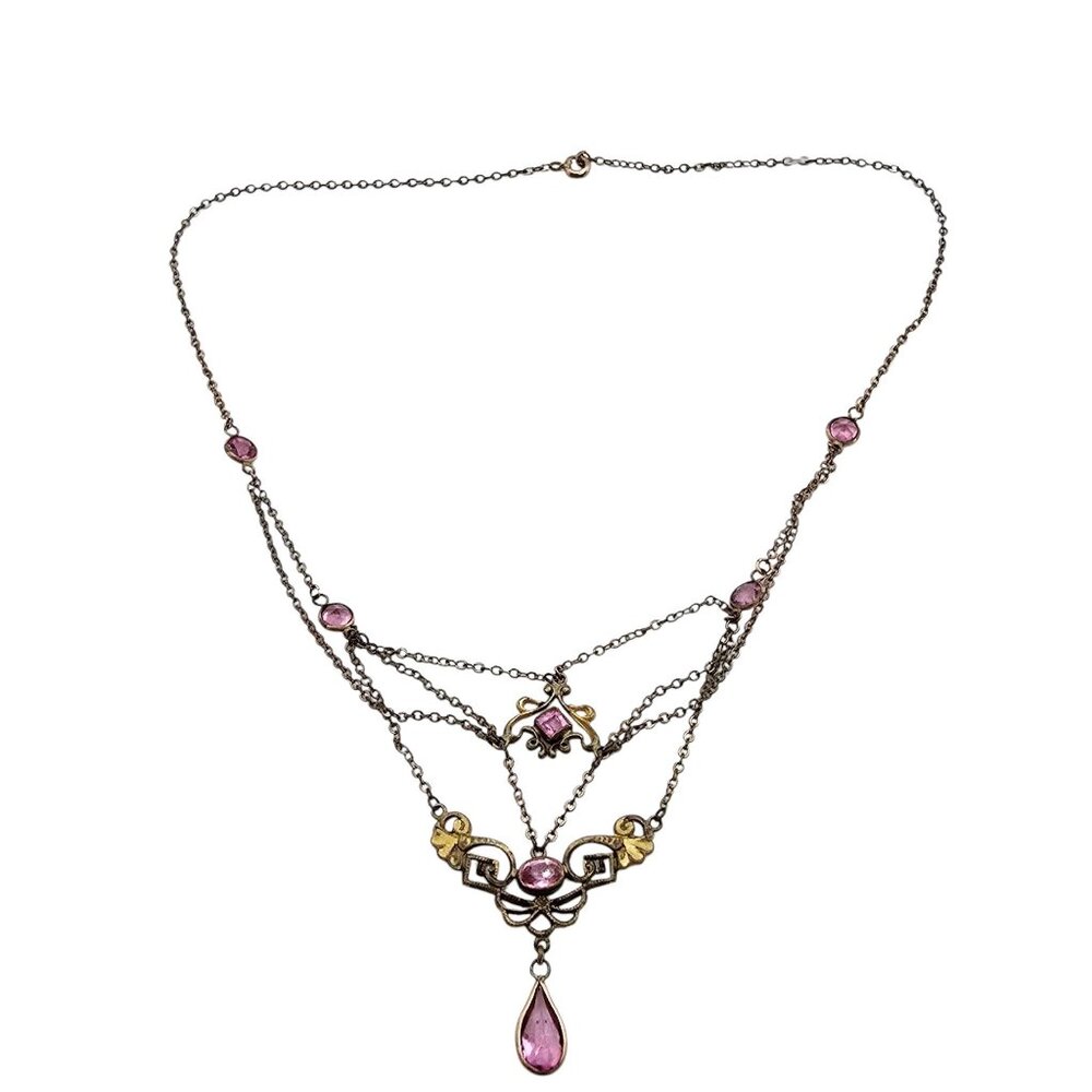 Antique Edwardian Glass Lavalier Festoon Necklace w/ Pink Faceted Glass (A8680)